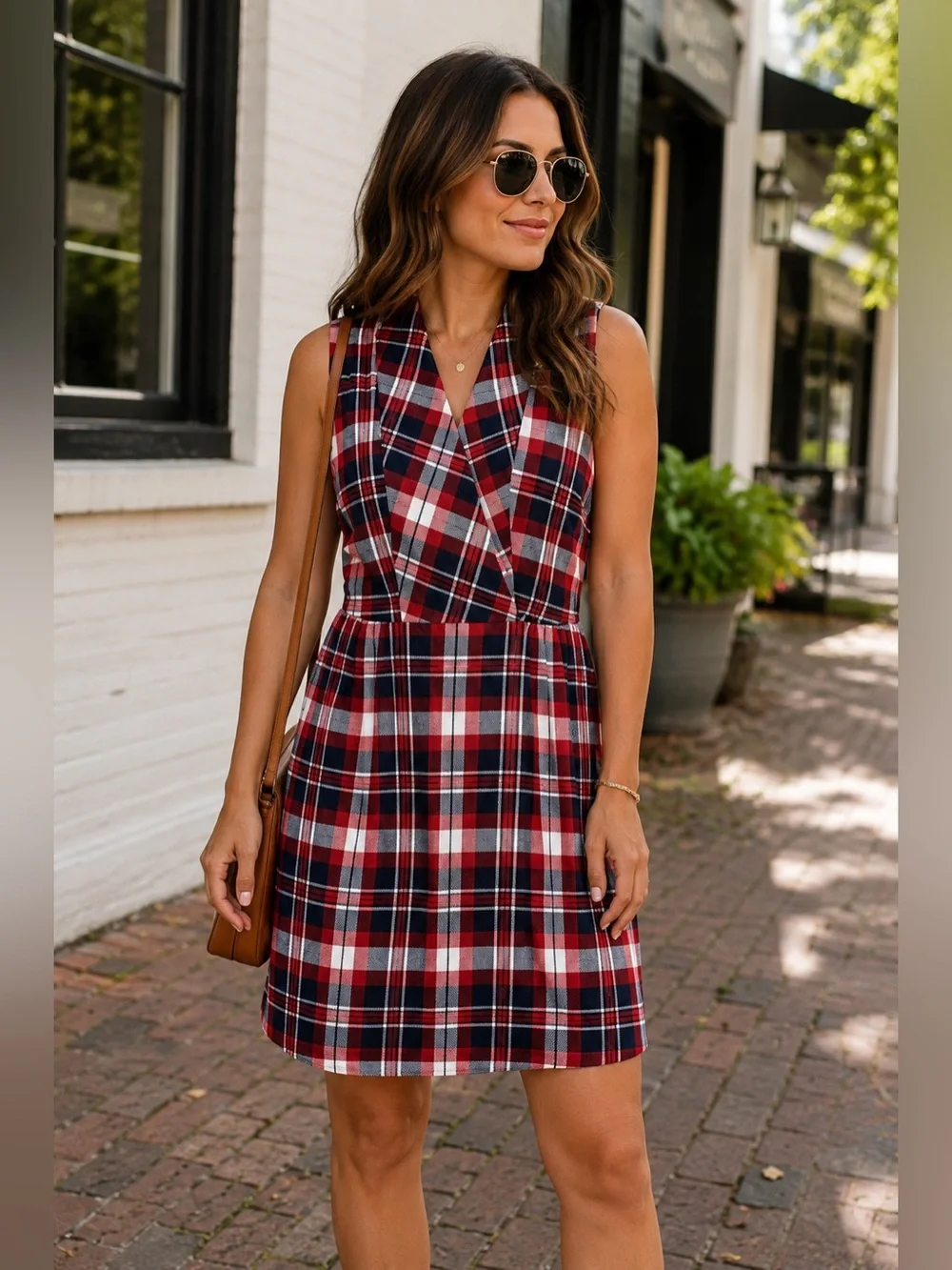 Tommy Hilfiger Cathryn Dress Womens Size 8 Red Blue Plaid Sleeveless V Neck